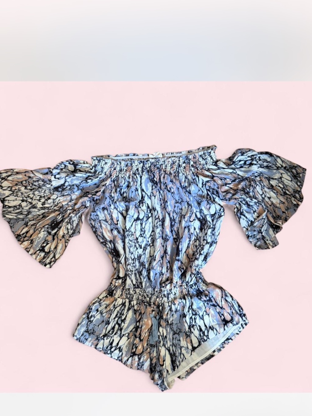 Olivaceous Off-Shoulder Marble Print Top in Blue and Tan